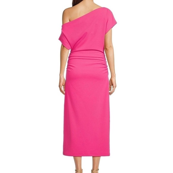 Gibson Latimer Pink Asymmetrical Neck Short Sleeve Twist Front Midi Dress size S - Picture 2 of 7